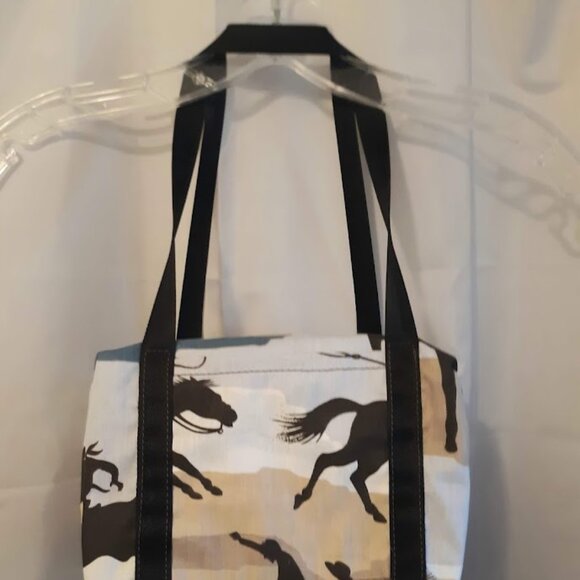 New Mini Duffle Travel Tote Shoulder Bag Western Cowboy Rodeo Horses Brown Blue - Picture 2 of 9